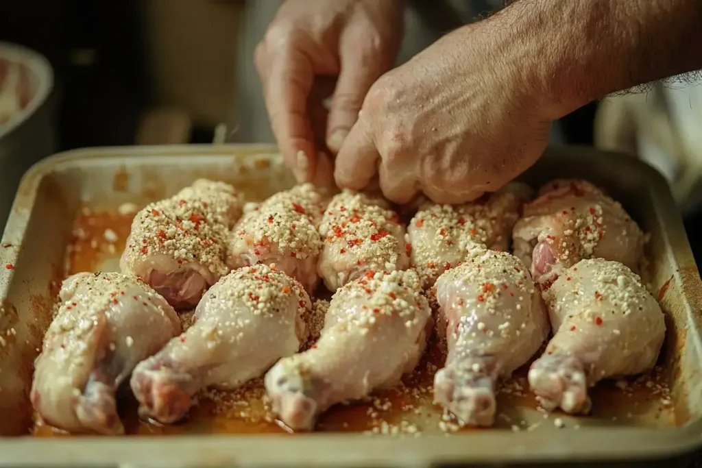 Step-by-step process of preparing smoked chicken drumsticks.