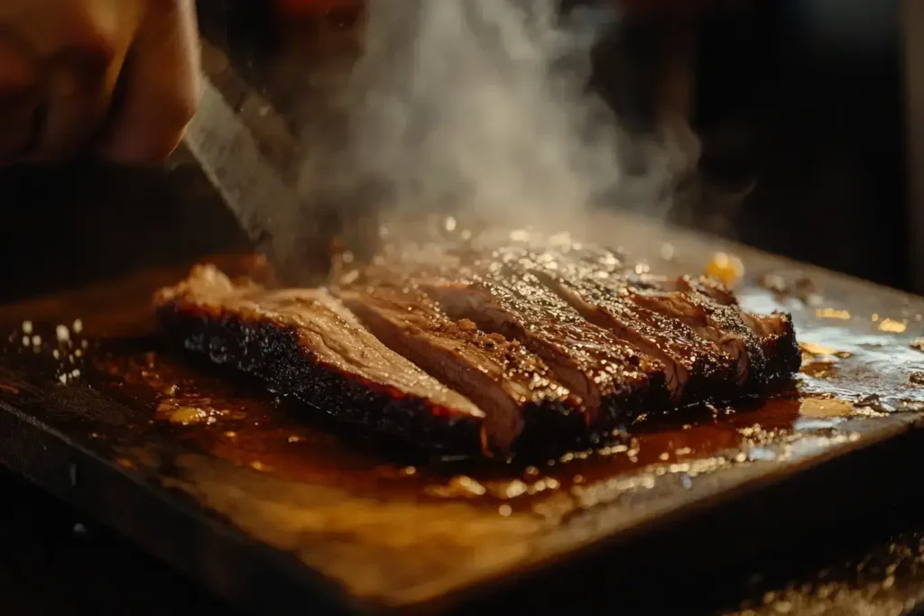 Smoked beef brisket being sliced for a sandwich.