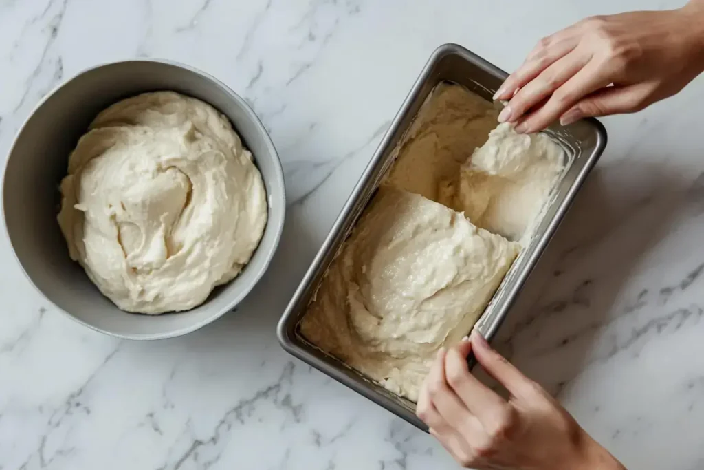 Preparing coconut bread batter and baking it.
