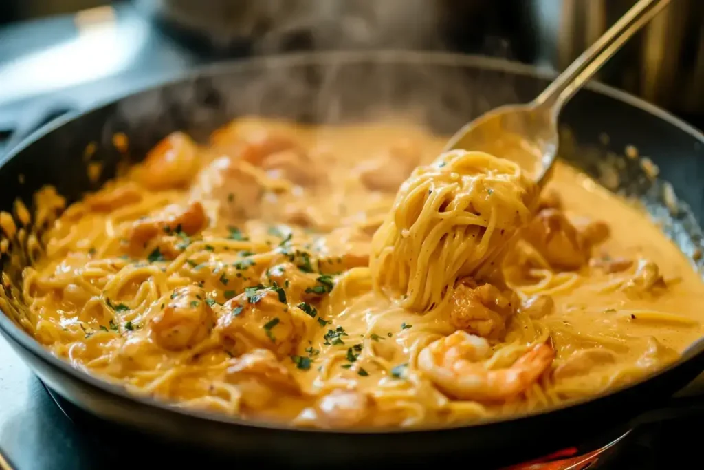 Stirring creamy carbonara sauce into chicken, shrimp, and pasta.