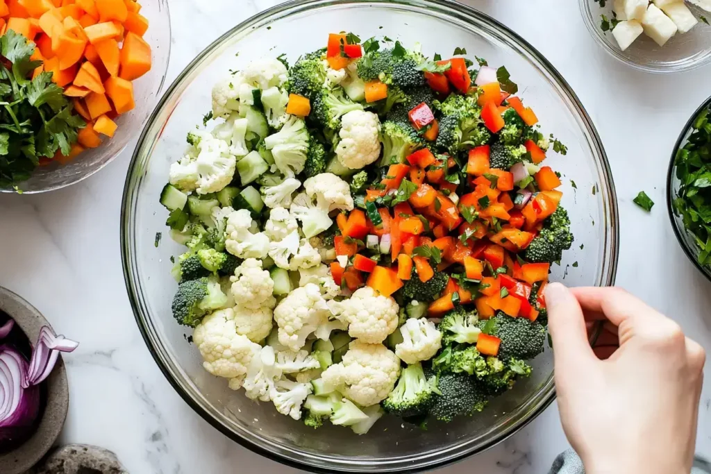 Step-by-step preparation of broccoli cauliflower salad.