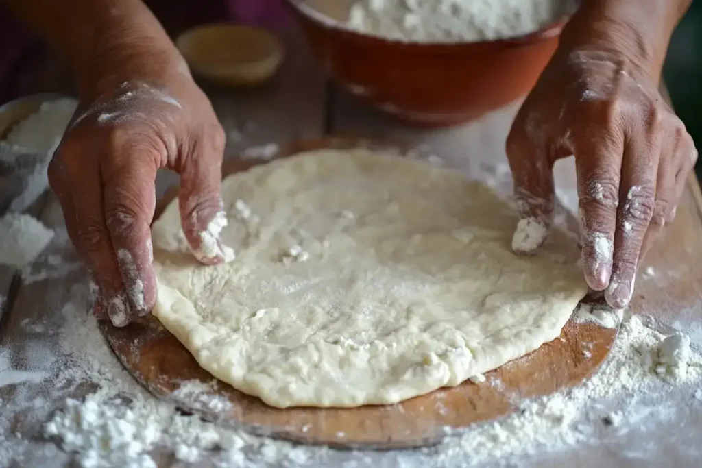 A step-by-step guide showing hands kneading dough and frying flatbread.