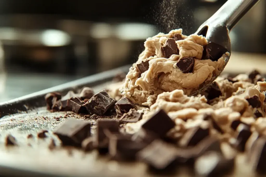 A scoop of double chunk chocolate cookie dough with large chocolate pieces being placed onto a baking sheet.