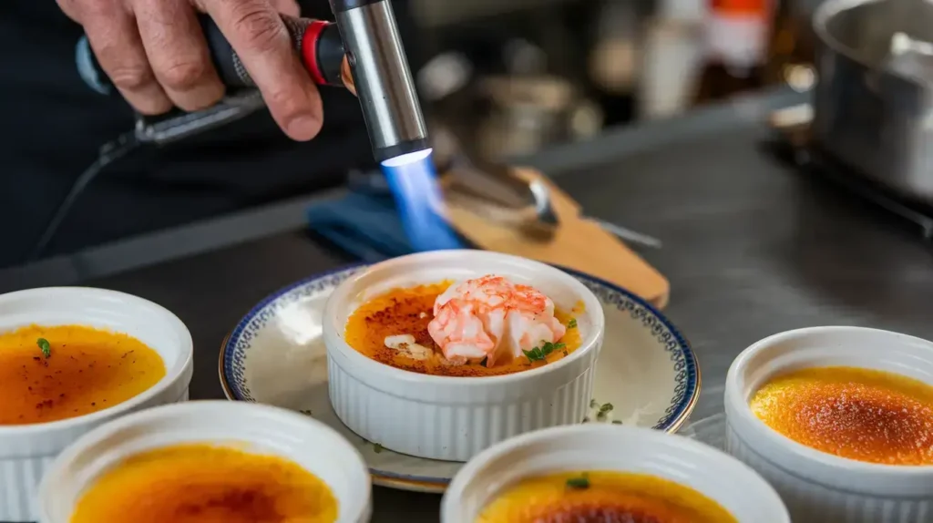 Caramelizing crab brulee with a blowtorch