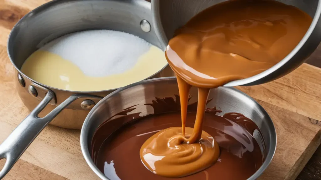 Step-by-step process of making caramel chocolate in a saucepan