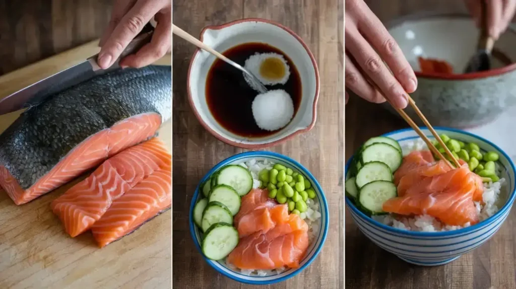 Preparation of salmon poke recipe.