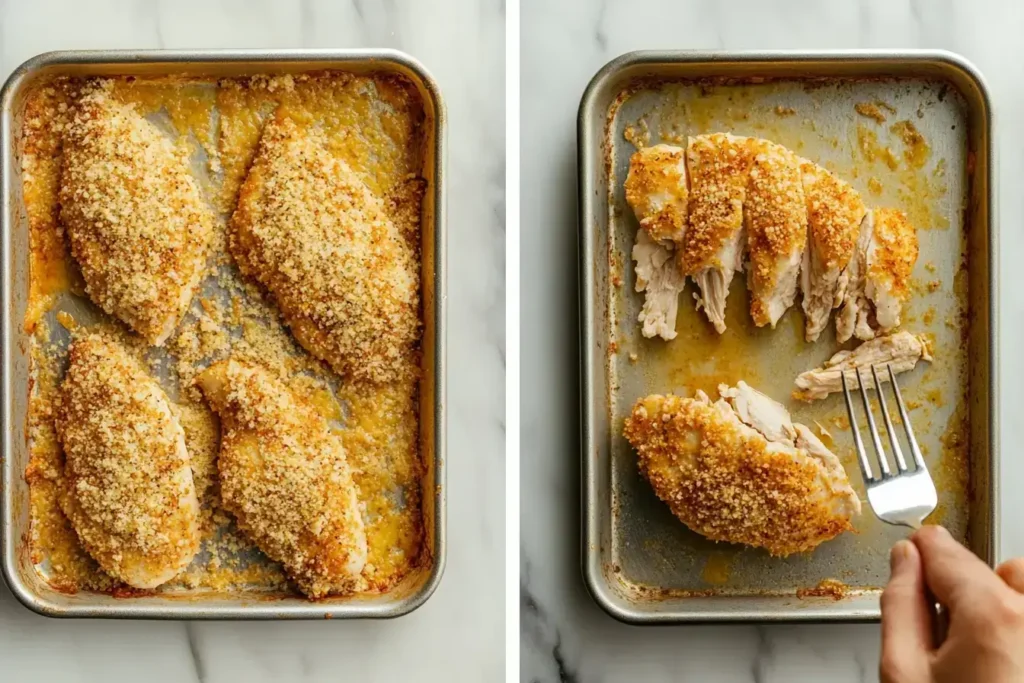 A step-by-step process image showing chicken being coated in parmesan and breadcrumbs.