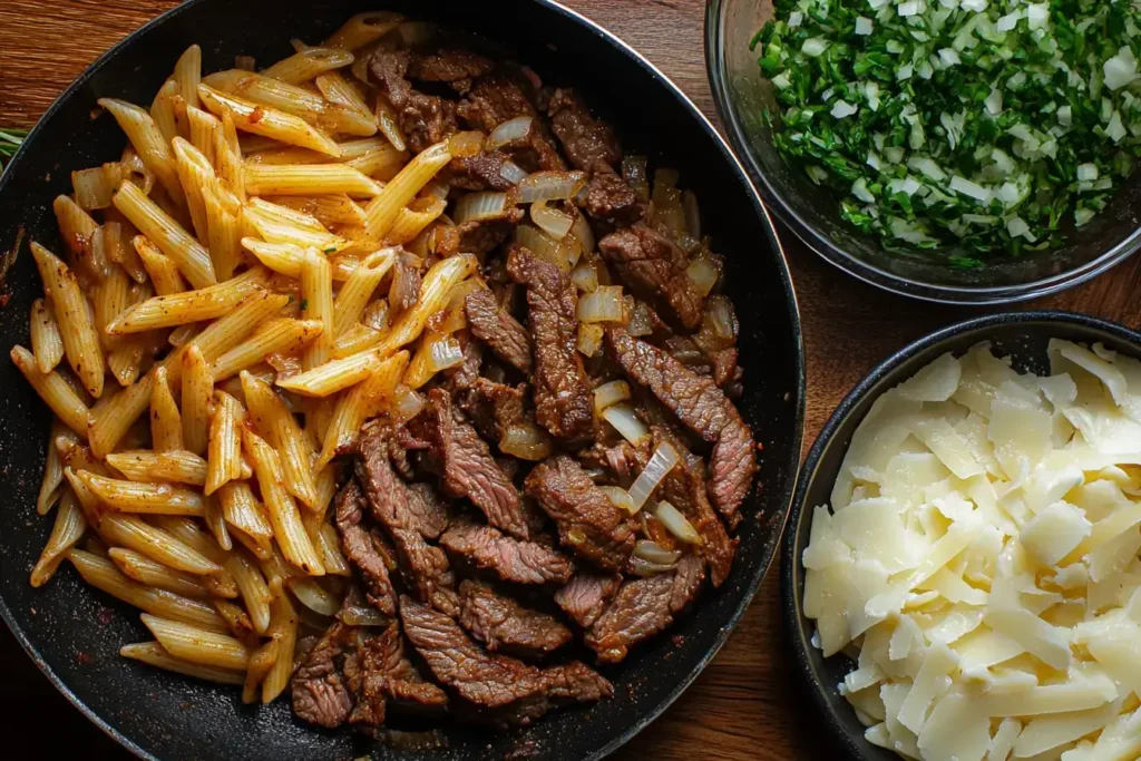 Step-by-step preparation of Philly Cheesesteak Pasta, featuring key cooking moments.