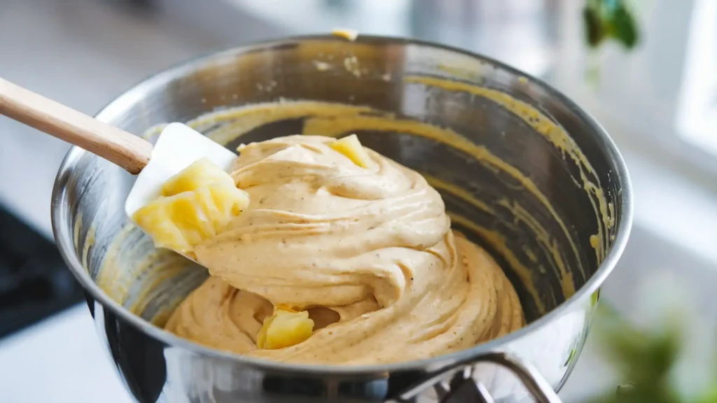 Preparing pineapple bread batter and pouring it into a loaf pan, ready for baking