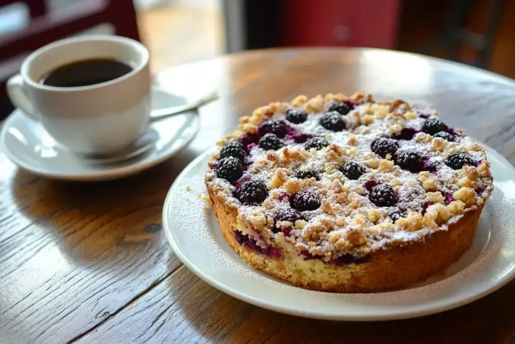 Traditional blackberry German recipes cake with fresh berries and streusel topping