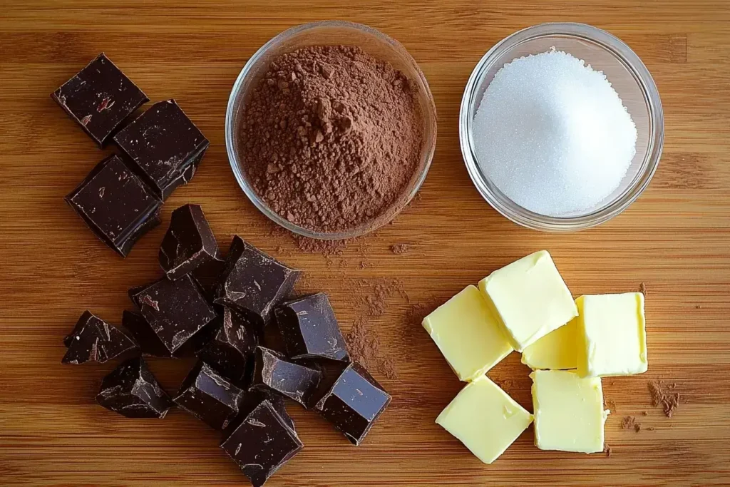 Ingredients for making chocolate soil garnish, including cocoa powder, sugar, and chocolate.