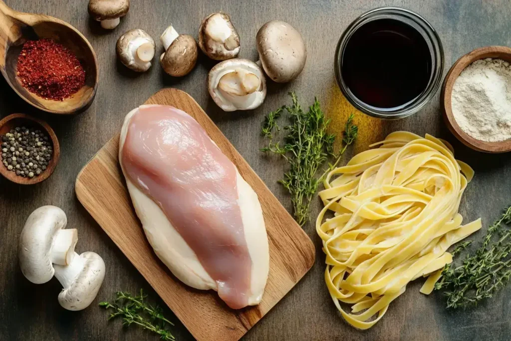 Ingredients for making homemade Chicken Marsala Fettuccine.
