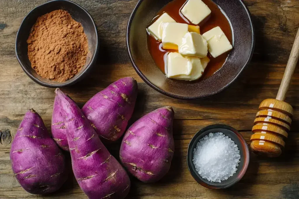 Freshly mashed purple sweet potatoes in a metal mixing bowl, with small servings in bowls.