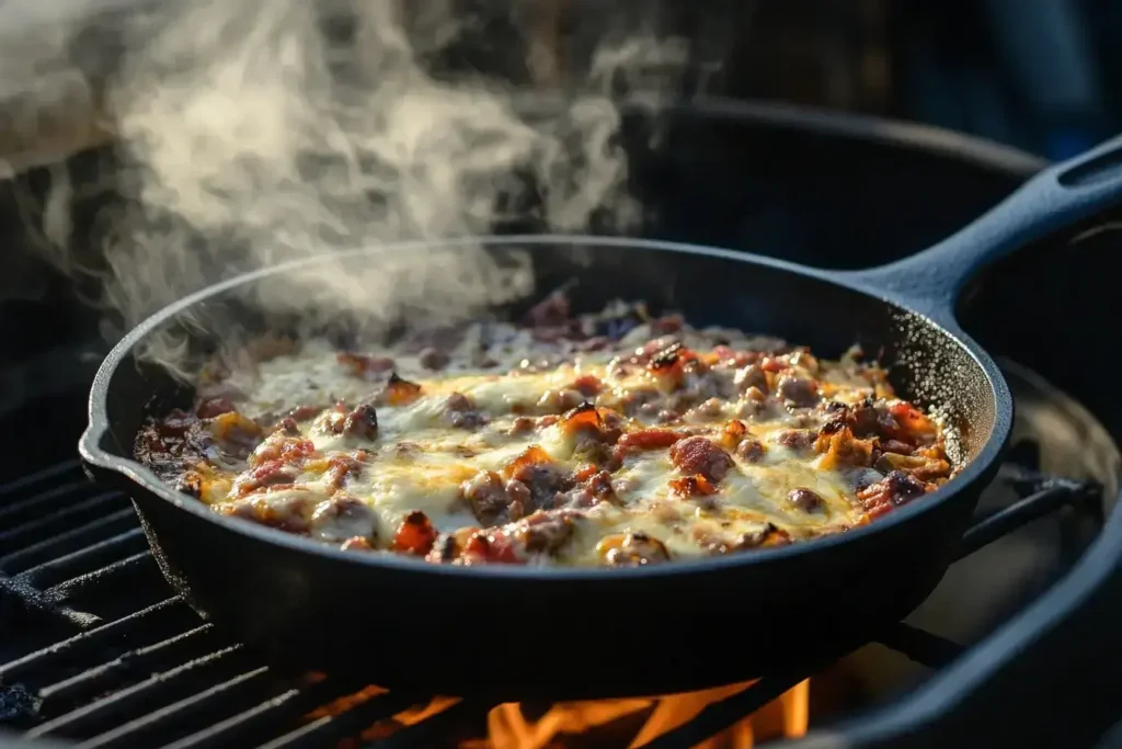 A creamy, melted smoked queso dip in a cast iron skillet, topped with crispy bacon and jalapeños, with tortilla chips on the side.