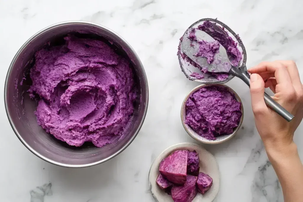 Mashed purple sweet potatoes served on a black plate, topped with melting butter and fresh herbs