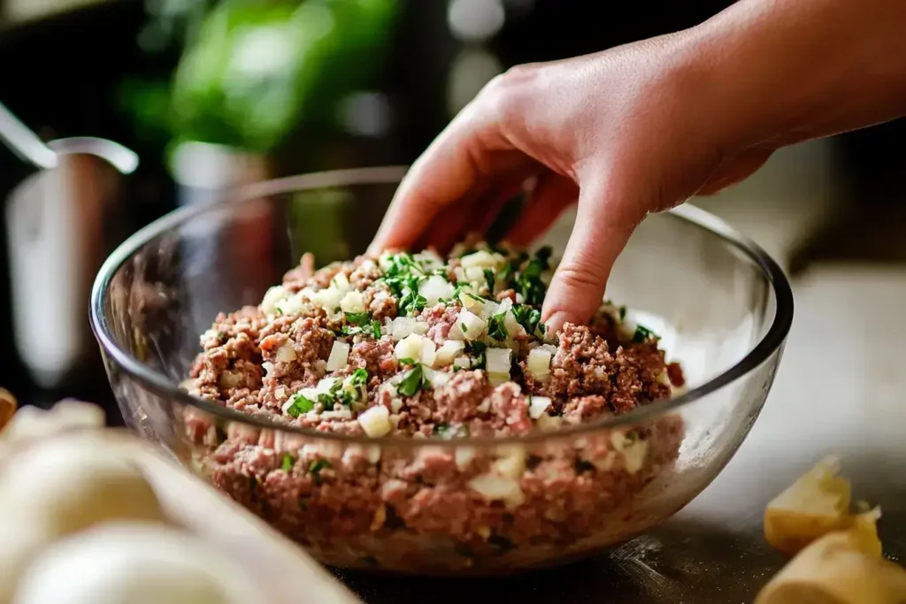 Mixing Stove Top stuffing and ground beef for meatloaf preparation.