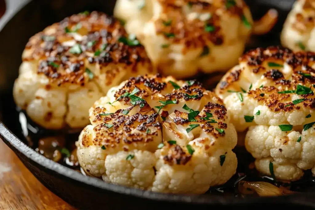 Cooking cauliflower mushrooms in a pan with garlic and butter.
