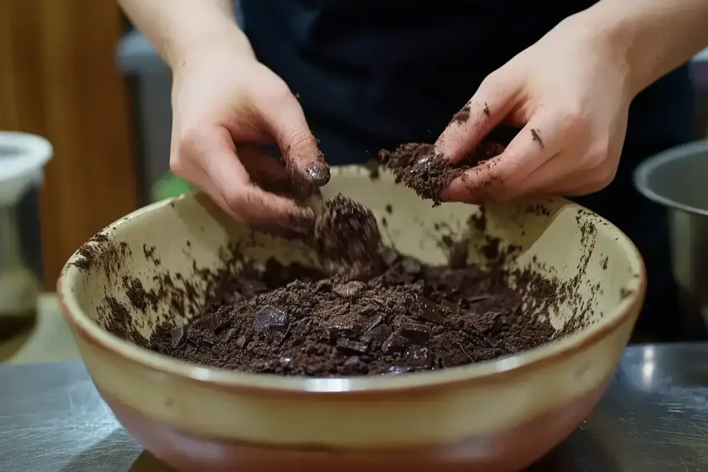Step-by-step guide to preparing chocolate soil garnish with a crumbly texture.