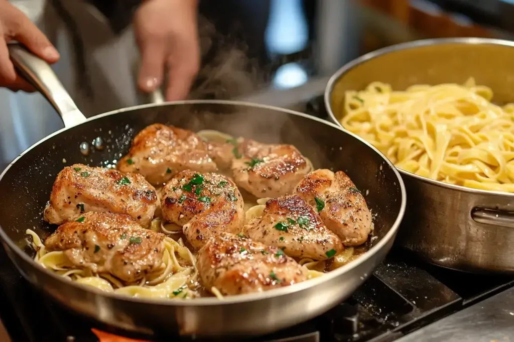Cooking process of Chicken Marsala Fettuccine.