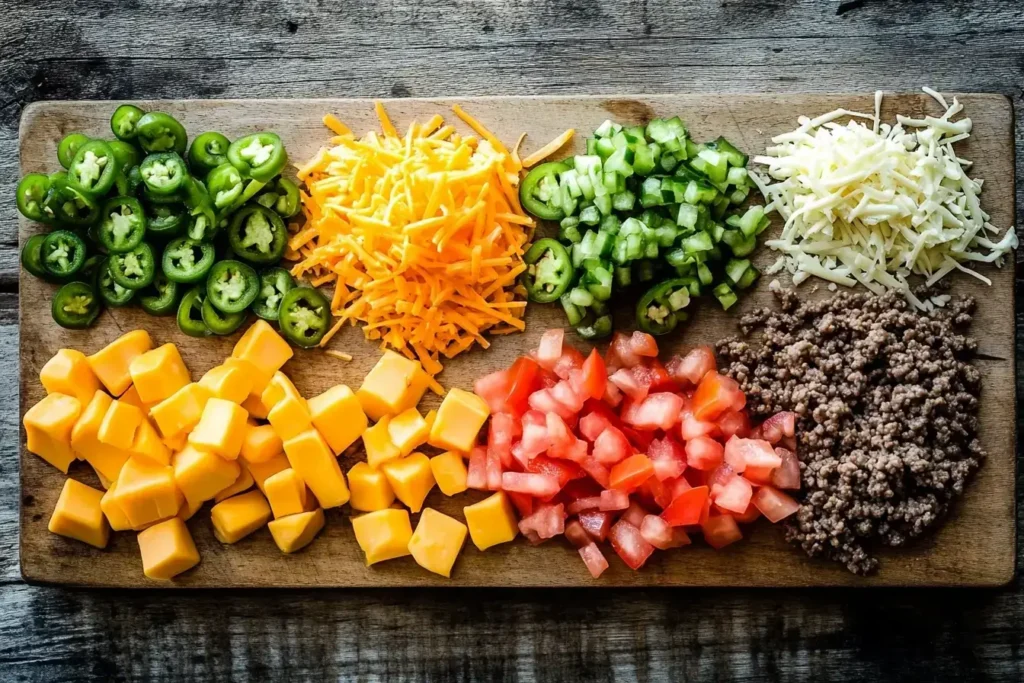 A wooden board displaying cubed Velveeta, shredded cheddar, chopped jalapeños, diced tomatoes, and cooked ground beef.