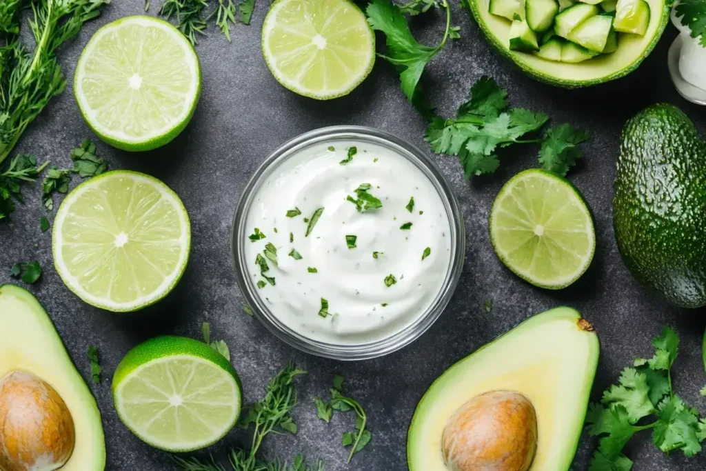 A flat lay of fresh ingredients for Avocado Lime Ranch Dressing, including avocados, limes, cilantro, and yogurt.