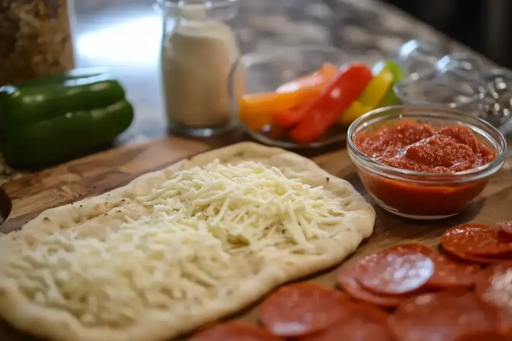 Fresh naan, cheese, tomato sauce, and toppings on a kitchen counter