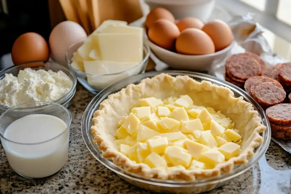 Essential ingredients for making a homemade sausage quiche.