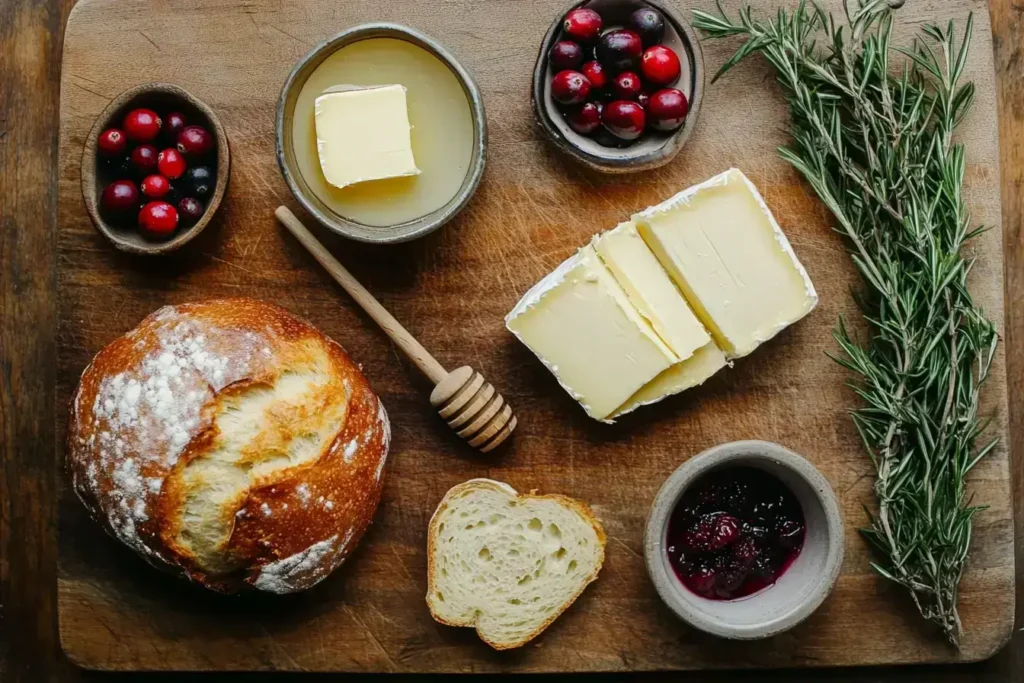 Ingredients for cranberry brie pull-apart bread laid out on a wooden surface.