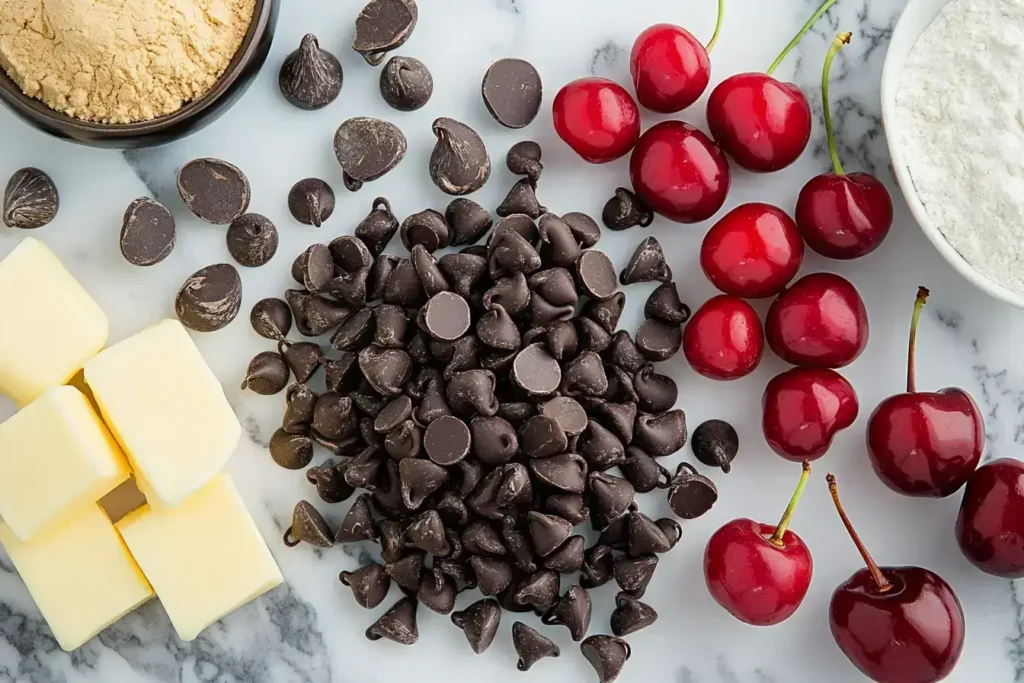 Ingredients for homemade cherry chocolate chip cookies displayed on a wooden counter.