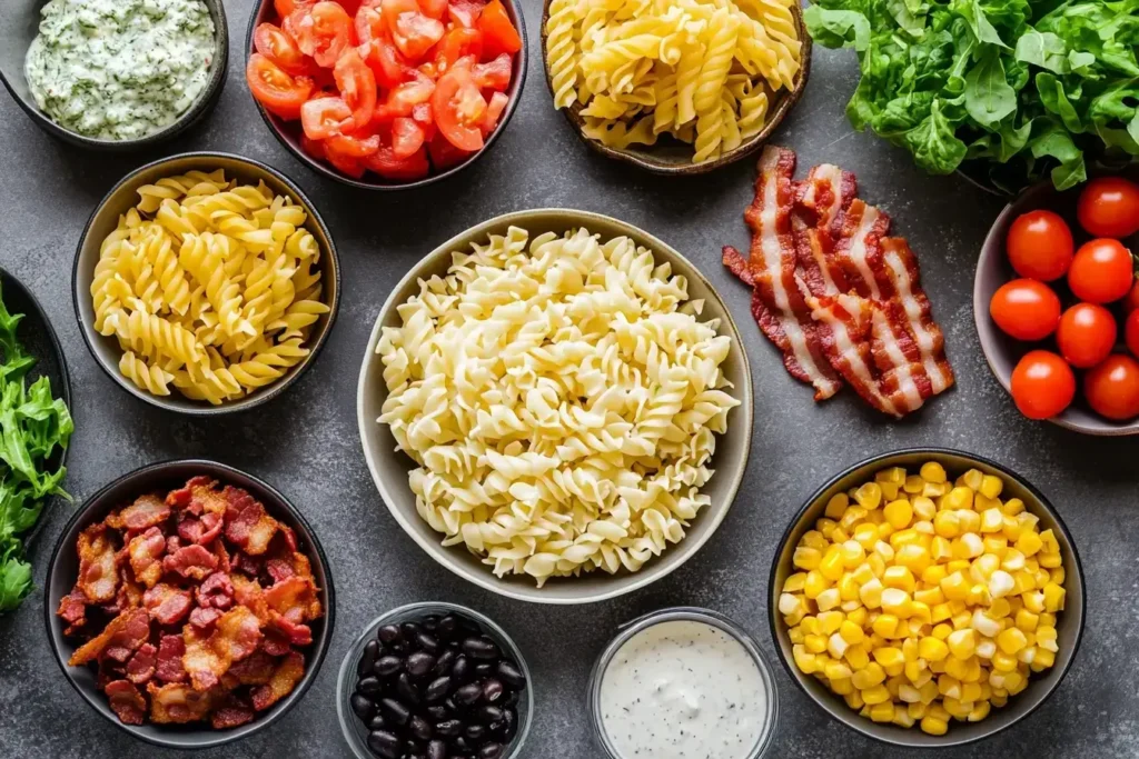 Fresh ingredients for making cowboy pasta salad, including pasta, bacon, tomatoes, and black beans.