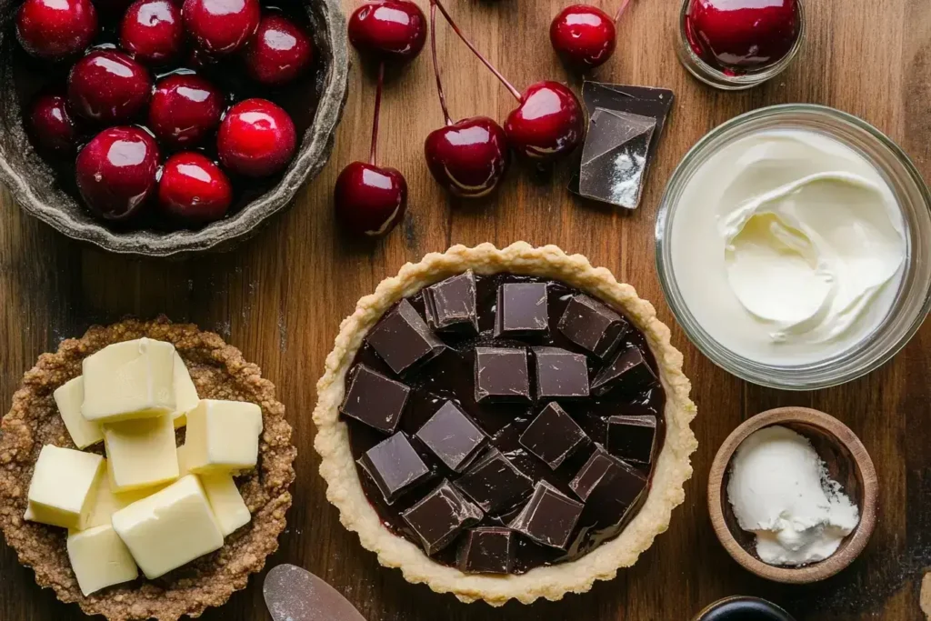 Ingredients for making a chocolate ganache tart with cherries.