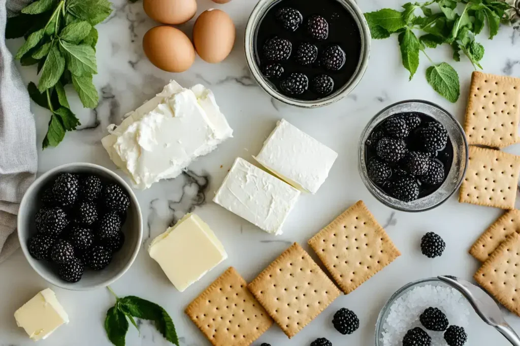 Fresh ingredients for making a homemade blackberry cheesecake.