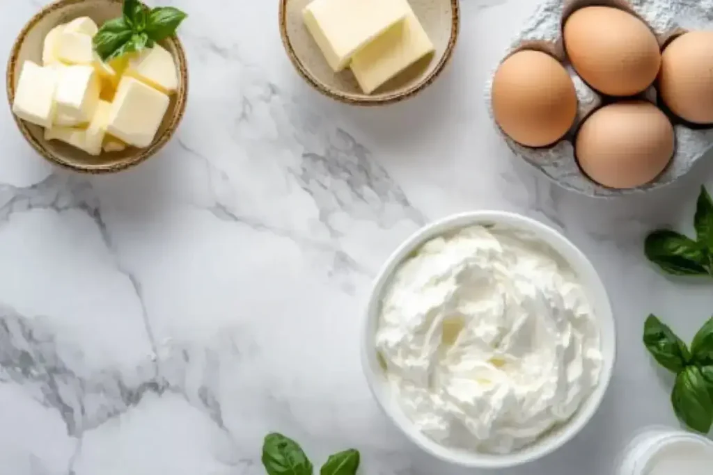 Measured ingredients for making yogurt bread recipe, including flour, yogurt, eggs, and butter.
