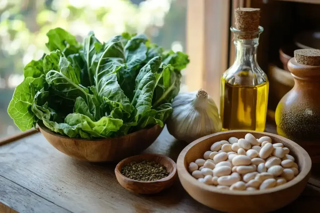 Fresh escarole, white beans, garlic, broth, and spices laid out for cooking