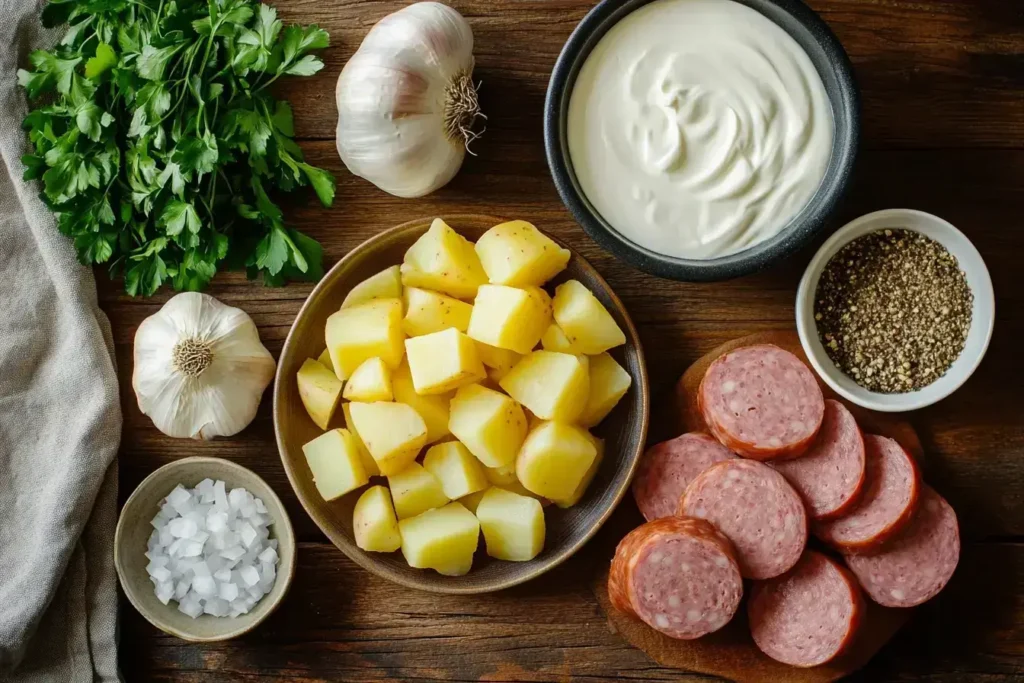 Fresh ingredients for making kielbasa potato soup, including sausage, potatoes, and spices.