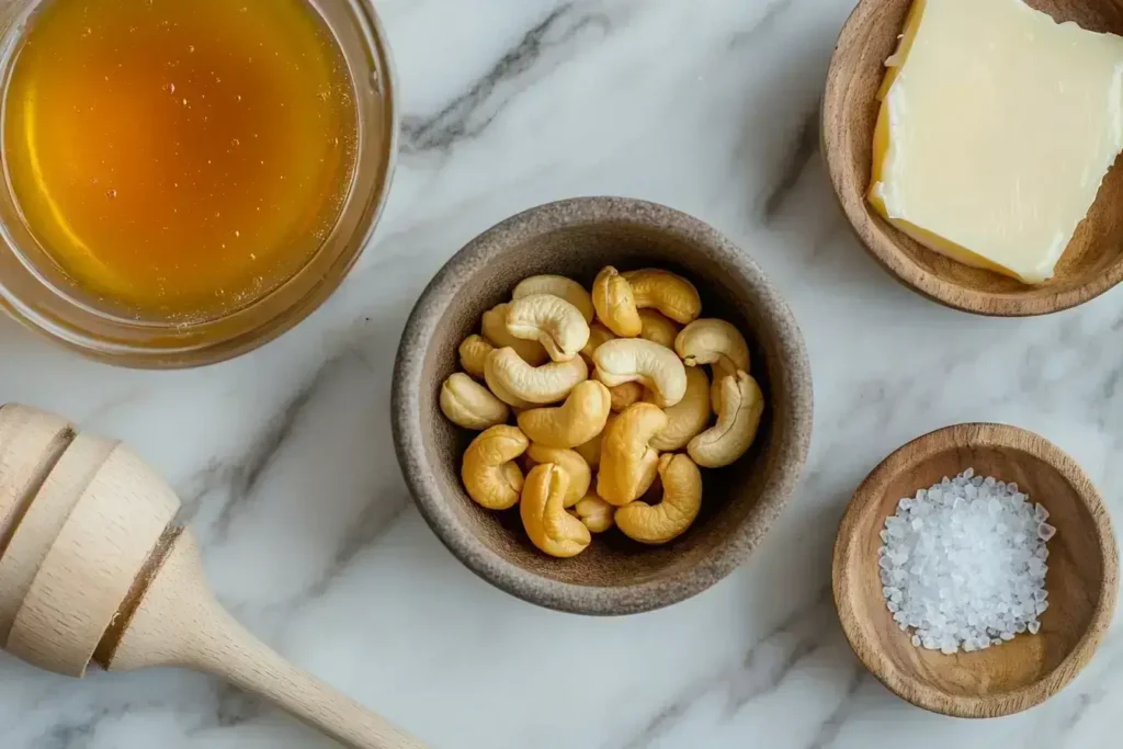 A flat-lay shot of raw cashews, honey, salt, and butter on a wooden table