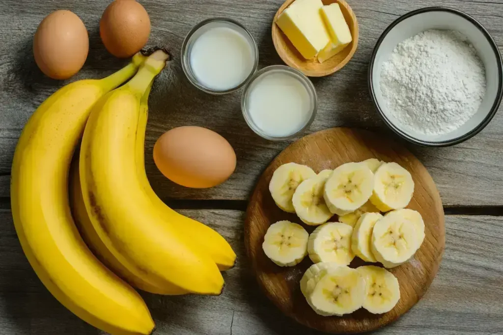 Ingredients for banana waffle recipe: flour, ripe bananas, eggs, milk, butter, sugar, and baking powder, neatly arranged on a kitchen counter.