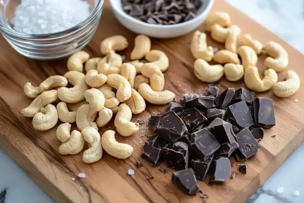 Ingredients for making chocolate covered cashews, including cashews, chocolate, and sea salt
