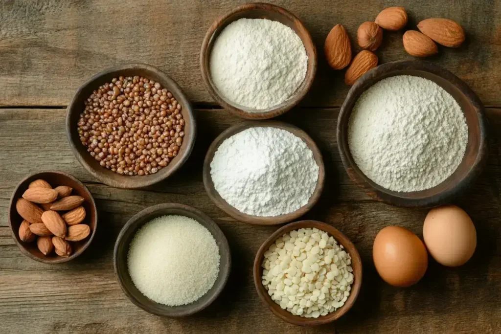 Gluten-free flour, yeast, eggs, and other baking ingredients for English muffins.