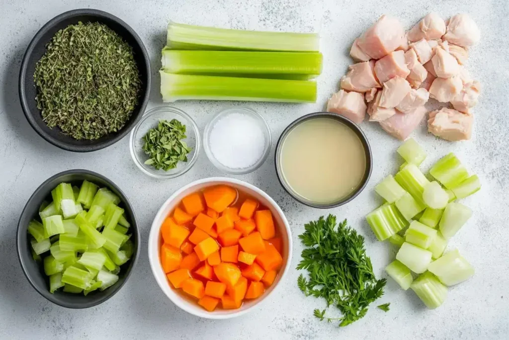 Fresh ingredients for gluten-free soup, including vegetables and broth.