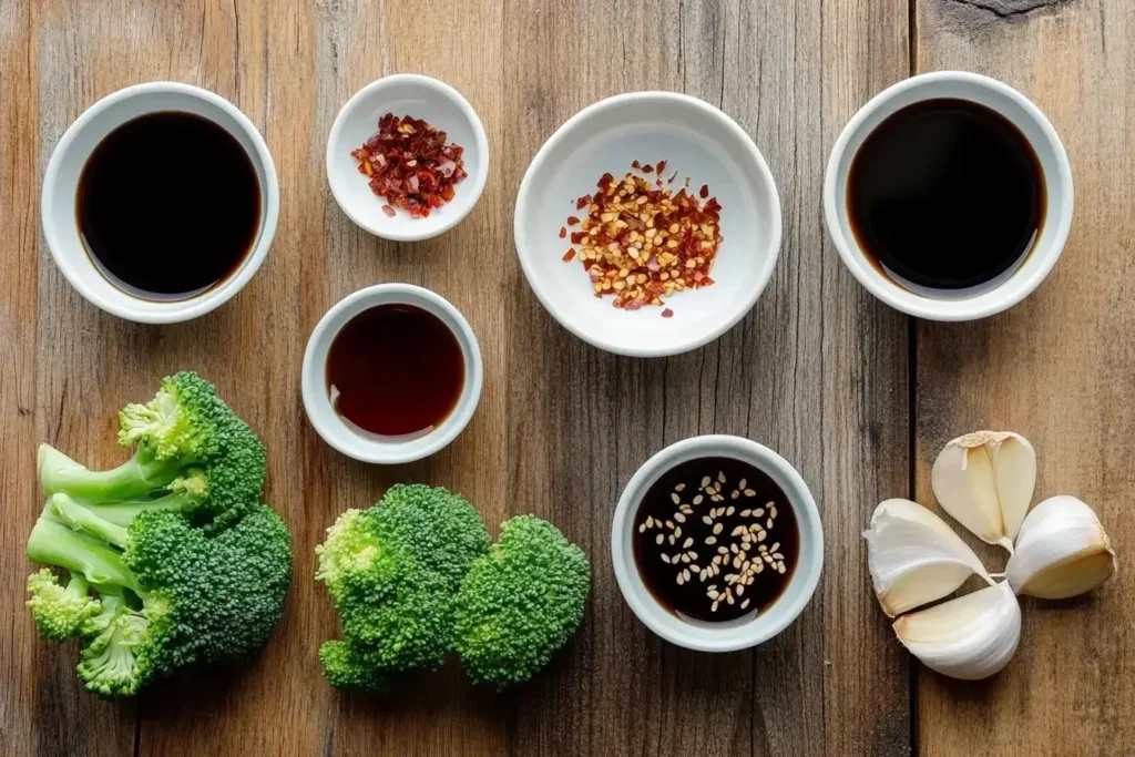 A flat lay of fresh asian broccoli recipe, soy sauce, sesame oil, garlic, and red pepper flakes arranged on a wooden surface.