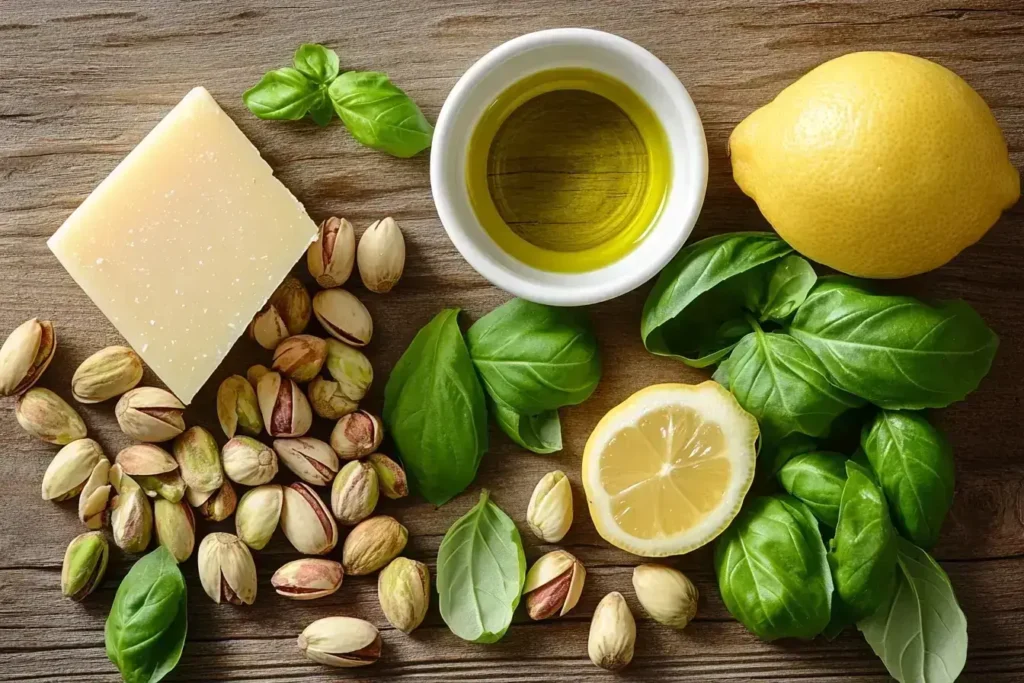 A flat-lay of all ingredients needed for pistachio pesto, including fresh basil, pistachios, Parmesan cheese, garlic, lemon, and olive oil.