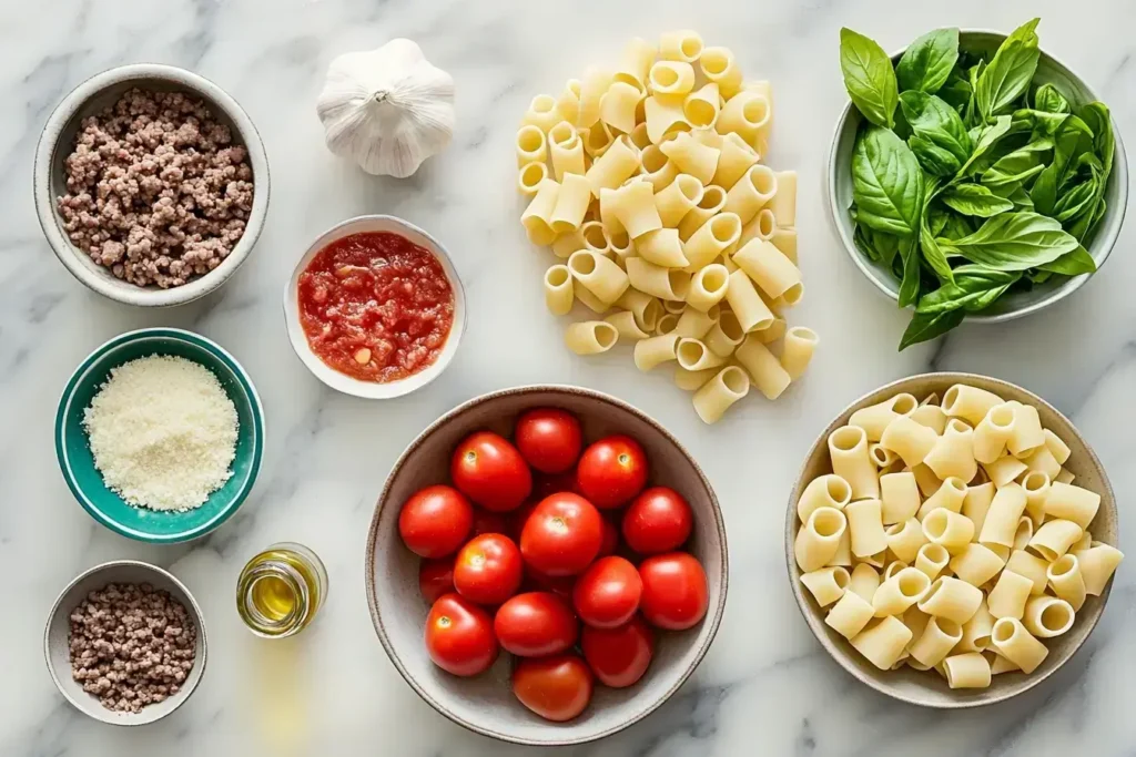 A collection of ingredients for a ditalini pasta recipe, displayed neatly on a kitchen counter.