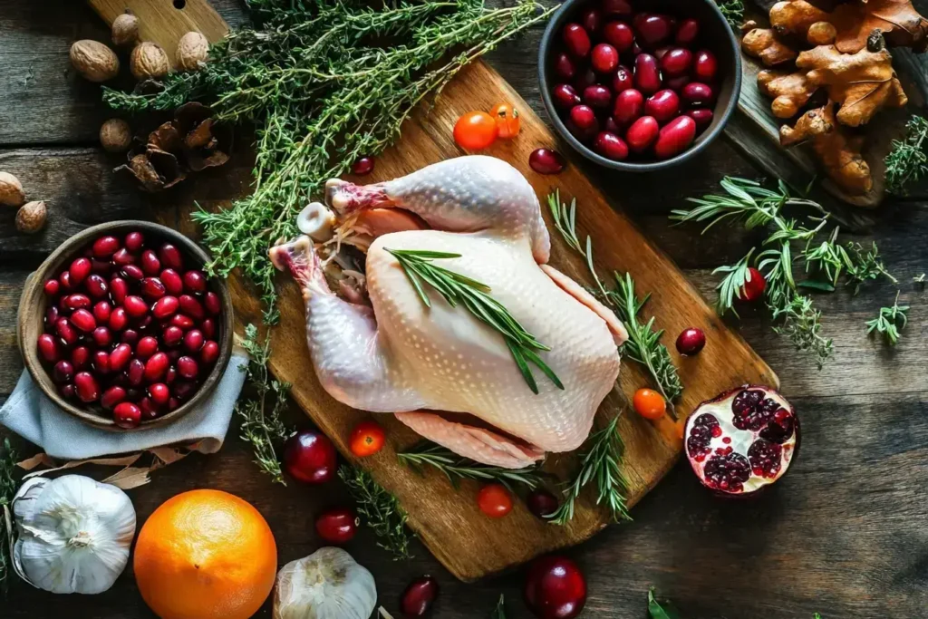 Fresh ingredients for turkey cranberry chili laid out on a kitchen counter