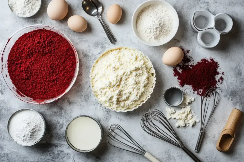Ingredients for homemade red velvet pound cake arranged on a marble surface.