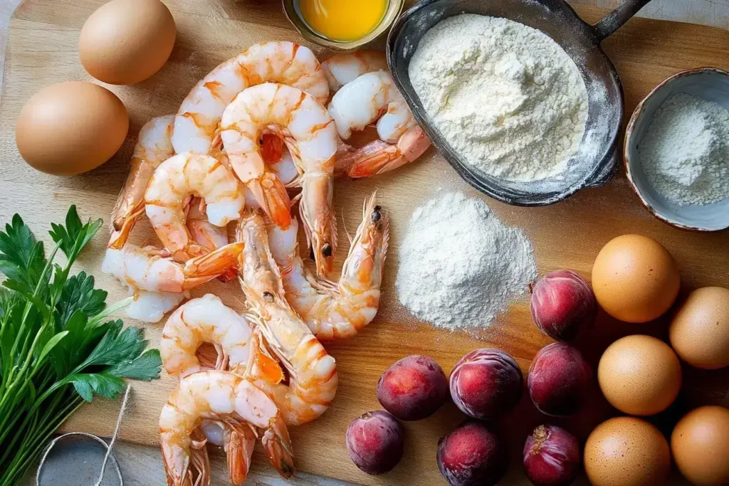Fried Lychee Shrimp, lychees, and crispy batter ingredients on a table.