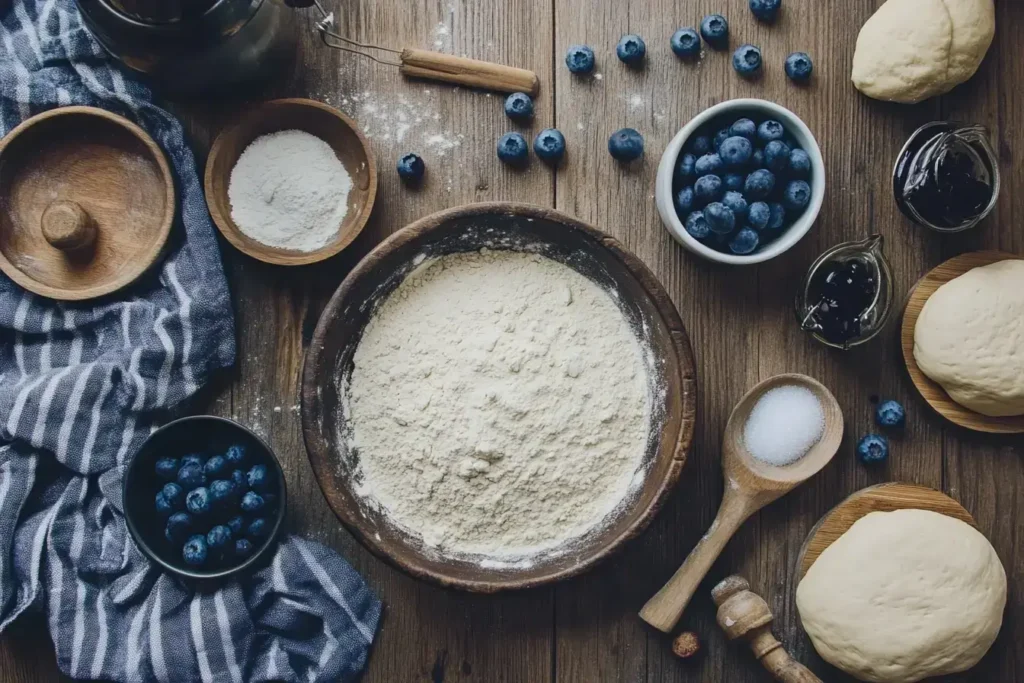 Ingredients for homemade blueberry bagel recipe, including flour, yeast, sugar, and blueberries.