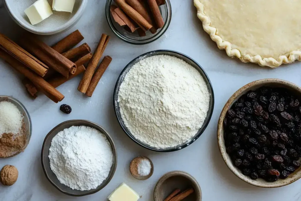 Ingredients for a classic raisin pie recipe, including raisins, flour, sugar, butter, and cinnamon.