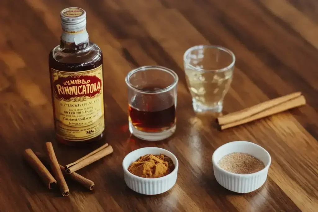 A bottle of cinnamon-flavored liqueur, two shot glasses filled with dark and light spirits, cinnamon sticks, and small bowls of cinnamon powder and cinnamon sugar on a wooden surface.