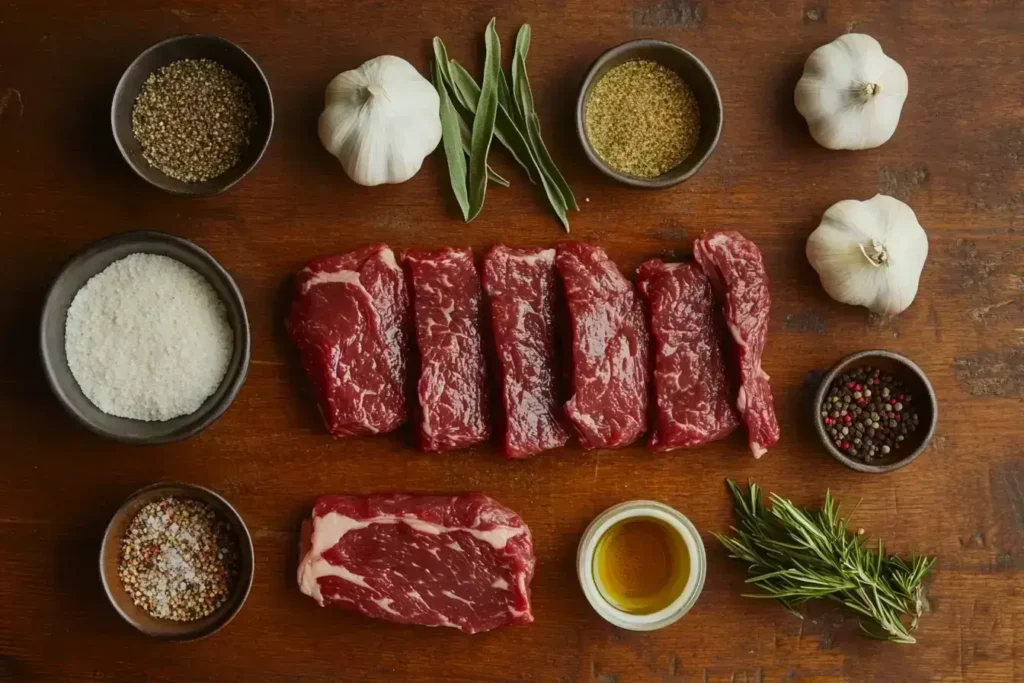 Fresh flap steak recipes and seasonings on a wooden table